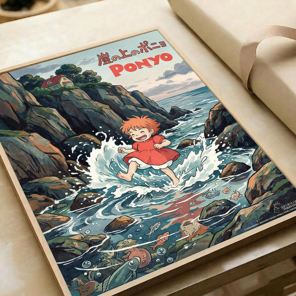 An illustrated poster featuring a young red-haired girl in a red dress running through splashing ocean waves between rocky cliffs. The artwork shows Japanese animation style with detailed water effects, sea creatures visible beneath the surface, and a house on the clifftop. The poster lies flat on a white surface next to a roll of paper, displaying vibrant blues, greens, and coral tones in a scenic coastal setting.