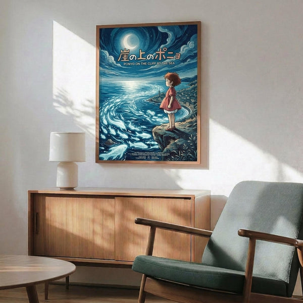May include: Framed Studio Ghibli-style poster showing young girl with reddish hair in pink dress standing on cliff overlooking swirling ocean waves under moonlit sky with Japanese text, displayed above wooden credenza with ceramic lamp in modern living room with mint green armchair and natural lighting casting shadows on white walls.