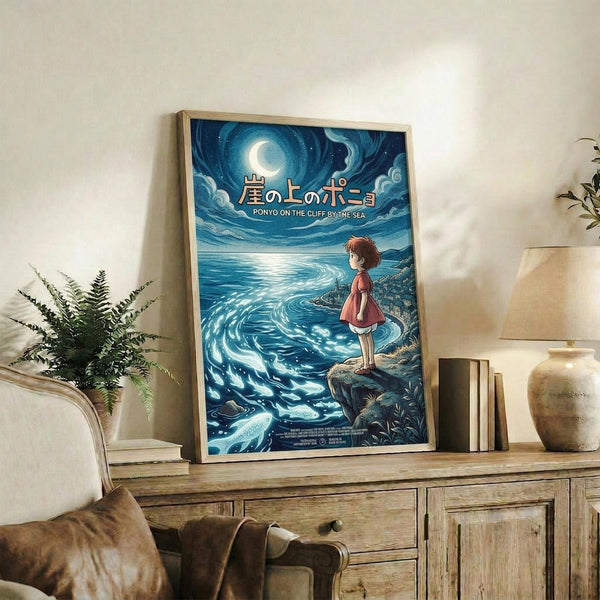 May include: Framed Studio Ghibli movie poster featuring young girl with short brown hair in red dress standing on cliff overlooking swirling blue ocean under crescent moon and starry night sky. Japanese text at top reads "Ponyo on the Cliff by the Sea." Poster displayed on rustic wooden sideboard with books, ceramic vase, and fern plant in cozy living room setting with beige armchair.