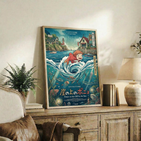 May include: Framed Studio Ghibli Ponyo movie poster displayed on rustic wooden sideboard next to cream armchair, fern plant, and ceramic vase. Colorful anime artwork shows red-haired character emerging from swirling ocean waters with coastal village and lighthouse in background. Japanese text visible with English subtitle. Warm, cozy living room setting with natural lighting and earthy tones throughout the staged scene.