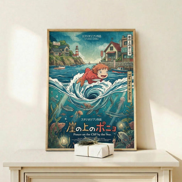 May include: Framed Studio Ghibli Ponyo movie poster displayed on light wood console table with small wrapped gift box. Poster shows red-haired Ponyo character emerging from swirling ocean waves with coastal town, lighthouse, and underwater sea life including fish and jellyfish. Artwork features vibrant blues, greens, and coral tones in classic anime illustration style with Japanese text and thin wooden frame.