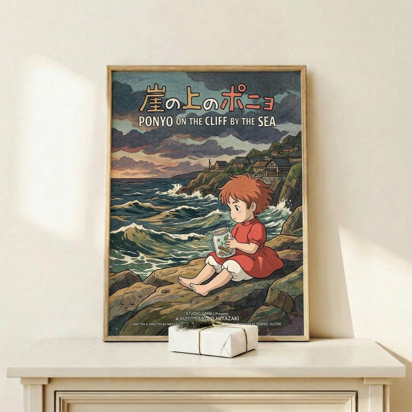 May include: Framed Studio Ghibli Ponyo movie poster displayed on light wood shelf against cream wall. Poster shows red-haired child in red dress sitting on rocky coastline holding jar, with turbulent ocean waves and clifftop village in background under stormy sky. Japanese and English text at top. Small white wrapped gift box sits in front of frame on shelf.