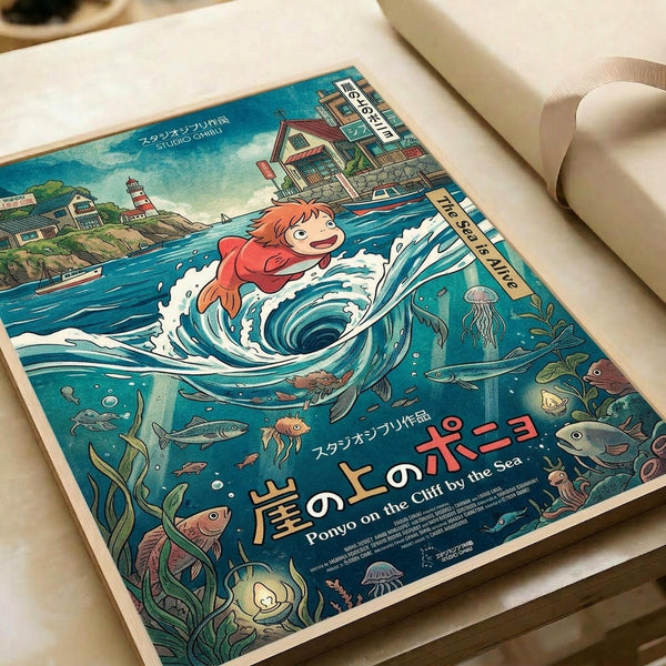 May include: Vintage-style movie poster print displayed on white paper roll showing animated red-haired girl character surfing on ocean wave. Underwater scene features colorful fish, jellyfish, and sea plants in blues and greens. Coastal town with lighthouse visible in background. Japanese and English text at bottom. Poster appears flat against rolled white paper backdrop.