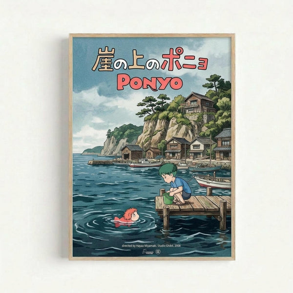 Framed Studio Ghibli-style poster featuring a coastal Japanese village scene with traditional wooden buildings on rocky cliffs overlooking blue water. A boy with green hair sits on a wooden dock looking down at a red-haired character floating in the water below. Multiple boats are moored in the harbor, with lush green trees covering the hillsides. The artwork has a painted, animated film aesthetic with soft blues and greens. Japanese text appears at the top in beige and red lettering, with "PONY
