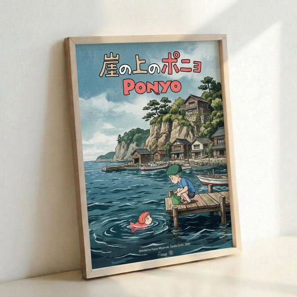 May include: Framed Studio Ghibli Ponyo movie poster print leaning against white wall on light surface. Colorful anime-style artwork shows seaside cliff village with traditional Japanese houses, blue ocean with swimming red-haired girl character, and green-haired child on wooden dock. Japanese text and "PONYO" title at top against cloudy sky background. Natural wood frame surrounds the vibrant illustration.