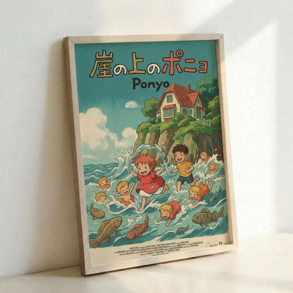 May include: Framed poster print featuring animated children playing in ocean waves with fish swimming nearby, house on cliff in background under blue sky with white clouds. Japanese text at top reads "Ponyo" in golden letters. Artwork displays Studio Ghibli animation style with vibrant blues, greens, and warm earth tones. Light wood frame leans against white wall in bright room setting.