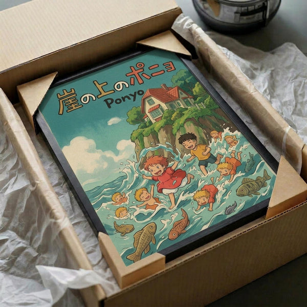 May include: Framed Studio Ghibli-style poster showing children swimming in turquoise ocean water with colorful fish, featuring a red-haired character and several other kids splashing playfully. Above the scene is a clifftop house surrounded by green trees against a blue sky with white clouds. Japanese text appears at the top. The black-framed artwork sits in an open cardboard shipping box with white tissue paper padding on a neutral surface.