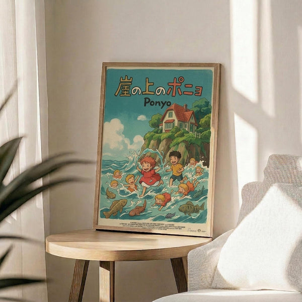 May include: Framed Studio Ghibli Ponyo movie poster displayed on wooden side table next to beige upholstered chair. Poster shows colorful anime illustration of children swimming in ocean waves with fish, house on cliff above, Japanese text at top. Natural wood frame, bright turquoise and coral colors, sunlight streaming across white walls and plant leaves visible in corner.