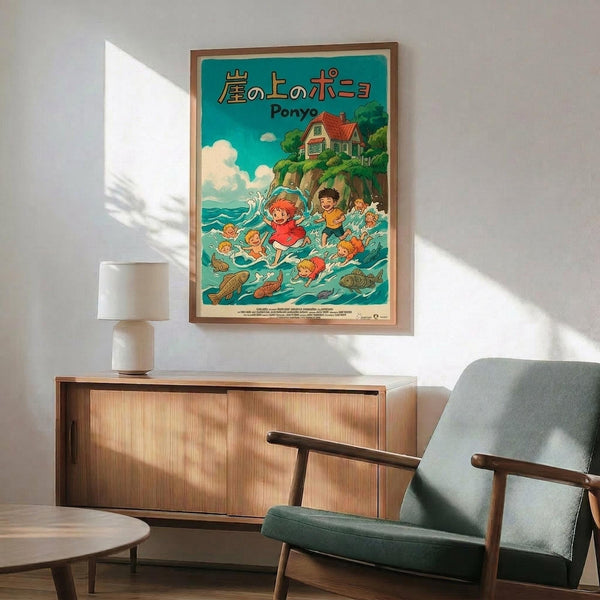 May include: Framed Ponyo movie poster displayed above a wooden sideboard in a modern living room. The poster shows colorful anime-style illustration with children swimming in turquoise water near a clifftop house. Features teal background, Japanese text, and Studio Ghibli artwork style. Room has mid-century furniture, gray upholstered chair, white table lamp, and natural lighting casting shadows on white walls.