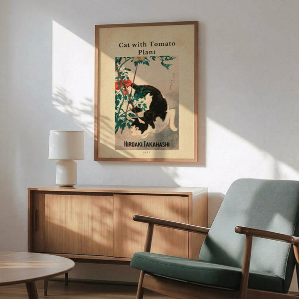 May include: Framed vintage Japanese art print featuring black and white cat playing near tomato plant with red tomatoes and green leaves, displayed on white wall above wooden credenza with table lamp, next to mid-century modern teal upholstered armchair with wooden frame and small round coffee table in sunlit room
