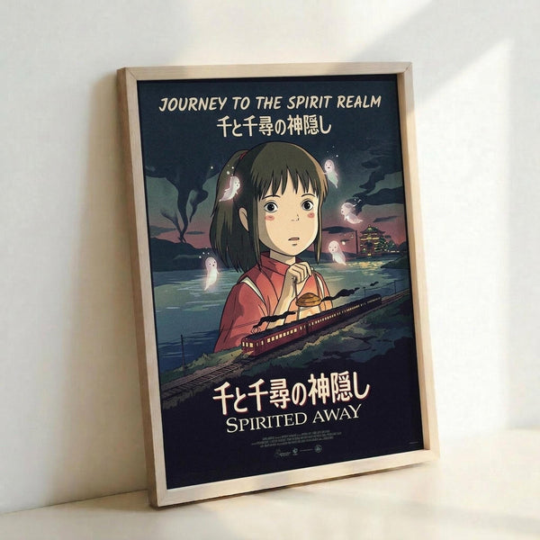 May include: Framed poster print leaning against white wall showing anime-style illustration of young girl with short brown hair in red outfit, surrounded by white spirits and train on tracks. Dark blue background with Japanese text at top and bottom, English "SPIRITED AWAY" subtitle. Light wood frame, approximately 16x20 inches based on wall proportion.