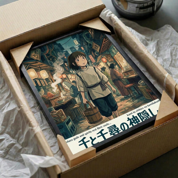 May include: Framed anime-style poster featuring a young girl with dark bob haircut in white apron standing in bustling Japanese street market with lanterns, food stalls, and traditional architecture. Artwork shows detailed illustration in teal and warm orange tones with Japanese text at bottom. Print displayed in dark frame inside cardboard shipping box with white tissue paper packaging.