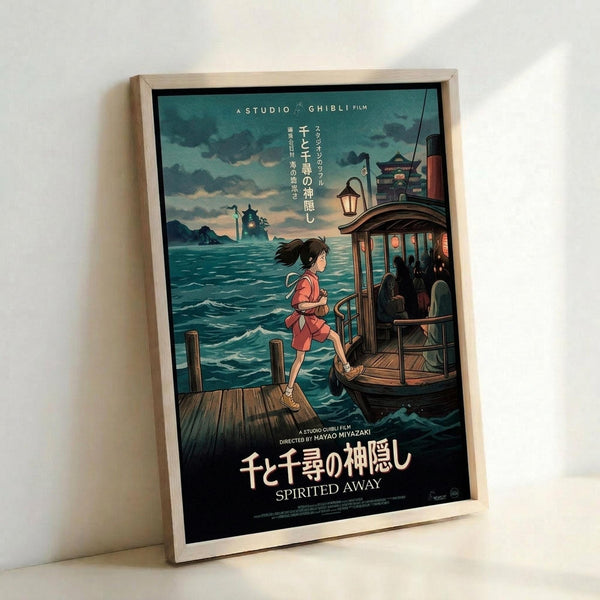 May include: Framed movie poster leaning against white wall showing animated scene of young girl in red outfit standing on wooden dock next to traditional boat with lantern. Turquoise ocean water, cloudy sky, and distant buildings visible in background. Light wooden frame surrounds colorful artwork with Japanese and English text at bottom.