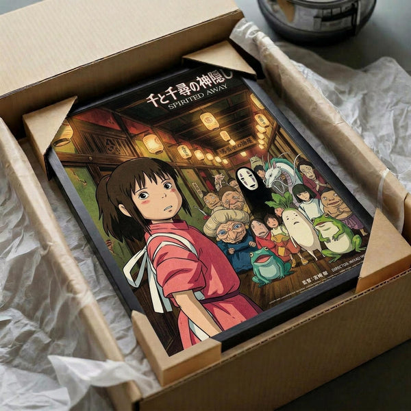 May include: Spirited Away anime poster artwork in cardboard shipping box with protective tissue paper wrapping. The colorful illustration shows young girl Chihiro in red kimono surrounded by various spirit characters including No-Face in dimly lit traditional Japanese bathhouse setting with glowing lanterns. Poster appears flat against cardboard packaging material.