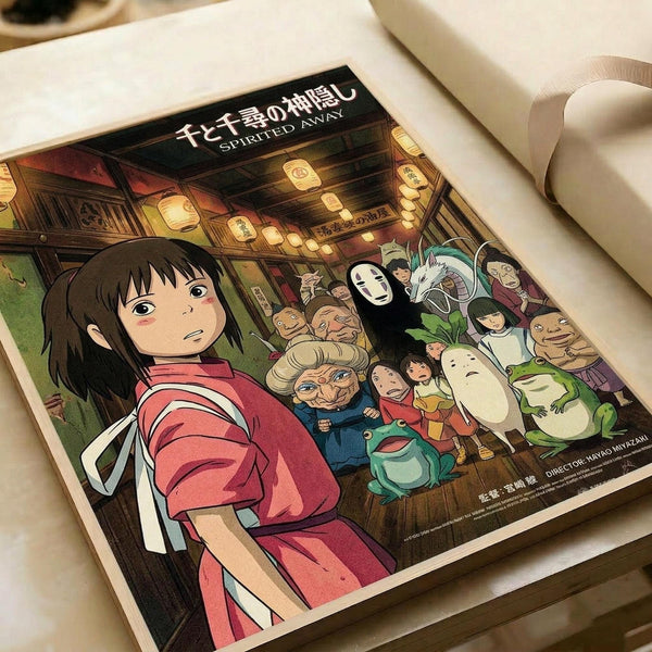 Spirited Away anime poster featuring Chihiro in red and white striped outfit on the left, with various colorful characters including No-Face, spirits, and mythical creatures gathered in a traditional Japanese bathhouse setting with glowing lanterns. The artwork shows Studio Ghibli's distinctive animation style with warm lighting and detailed character designs. Japanese text appears at the top, and director credit is visible at bottom right.