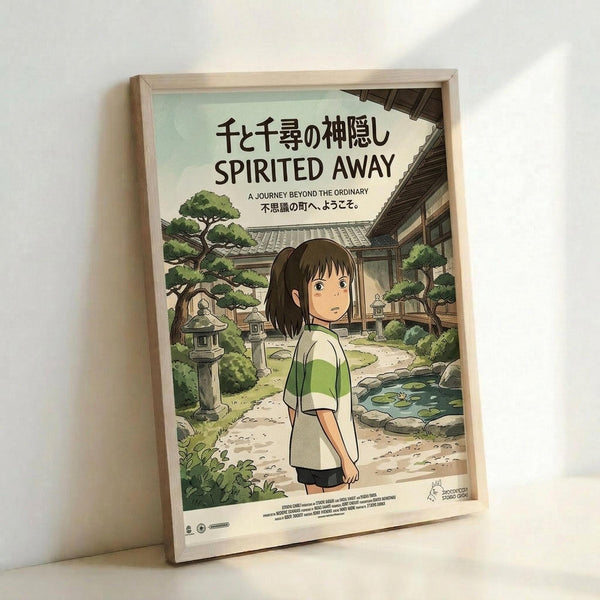 May include: Framed poster print of animated film Spirited Away featuring young girl with brown bob haircut in green and white striped shirt standing in traditional Japanese courtyard with stone lanterns, small stream, lush green trees, and traditional buildings with tiled roofs. Light wood frame leaning against white wall. Japanese and English text at top reads "Spirited Away - A Journey Beyond the Ordinary."