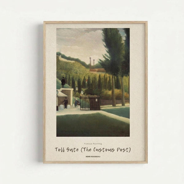 Framed art print of Henri Rousseau's "Toll Gate (The Customs Post)" showing a park-like scene with figures near a gated entrance, tall trees, rolling hills, and industrial chimneys in the distance. The painting features muted greens, browns, and pale sky tones in Rousseau's characteristic naive style. Displayed in a thin wooden frame with white matting against a light gray wall.
