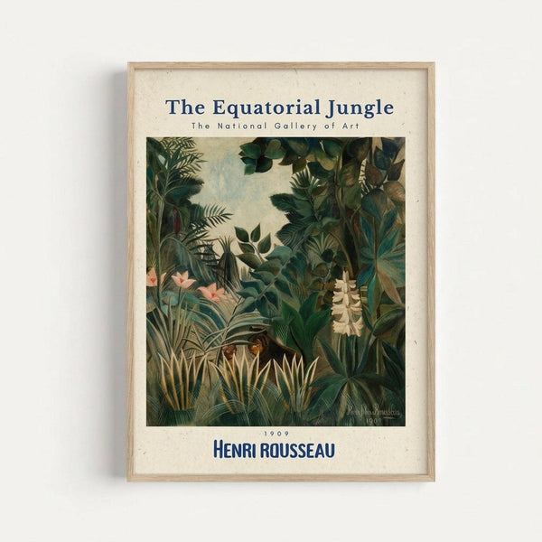 May include: Framed art print featuring Henri Rousseau's lush jungle painting with dense tropical foliage in deep greens, exotic plants, palm fronds, and small flowers. The artwork shows a hidden tiger among the vegetation. Museum-style poster format with cream background, navy text reading "The Equatorial Jungle" and "The National Gallery of Art" at top, artist name and date 1909 at bottom. Natural wood frame mounted on white wall.