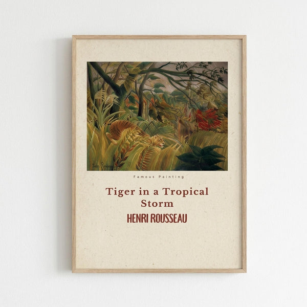 May include: Framed art print hanging on white wall showing Henri Rousseau's jungle painting with a tiger hidden among lush tropical foliage in greens, yellows, and earth tones. Light wood frame with cream matting displays the vintage-style reproduction poster with text below the artwork.