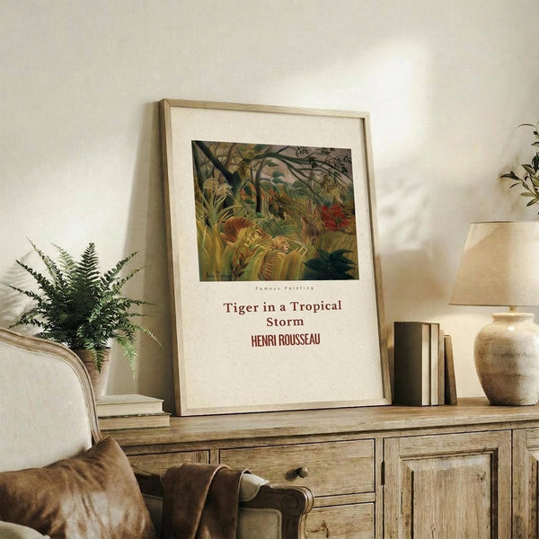 May include: Framed art print of Henri Rousseau's tropical jungle painting featuring a tiger among lush green foliage and palm fronds, displayed on a rustic wooden sideboard with books, fern plant, and ceramic vase in a neutral-toned living room with beige chair and lamp