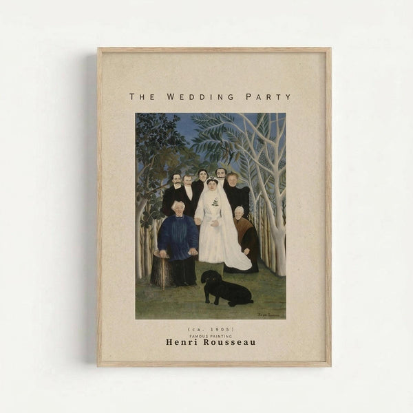 Framed art print featuring Henri Rousseau's primitive-style painting of a wedding party in a jungle setting. The artwork shows a bride in white dress surrounded by formally dressed wedding guests among lush green tropical foliage and white tree branches, with a small black dog in the foreground. The print has cream matting with black text reading "THE WEDDING PARTY" above and "(ca. 1905) FAMOUS PAINTING Henri Rousseau" below, all in a light wood frame against a white wall.
