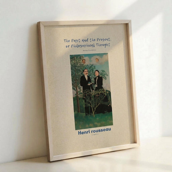 May include: Framed art print leaning against white wall showing Henri Rousseau's colorful painting of four figures in formal dress positioned among lush green trees and foliage. The cream matted poster features the artwork title and artist name in blue text. Natural wood frame with simple rectangular design creates clean, modern display against neutral background.