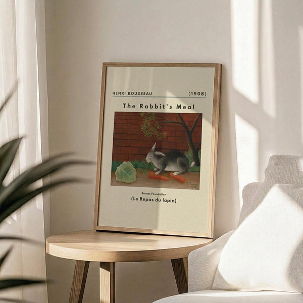 May include: Framed poster print featuring a realistic painting of a gray and white rabbit sitting beside vegetables including cabbage and carrots, against a brick wall background with greenery. The artwork is displayed in a thin gold frame on a light wood round side table next to a beige upholstered chair, with a potted plant visible in soft natural lighting near white curtains.