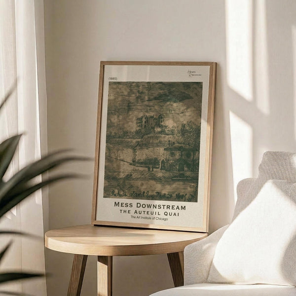 May include: Framed art print featuring a muted green and beige landscape scene with buildings and trees, displayed on a round wooden side table next to a beige upholstered chair. Natural sunlight streams across white walls, creating soft shadows. A plant with long leaves is partially visible in the corner, adding warmth to the minimalist interior setting.