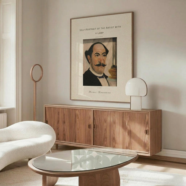 May include: Henri Rousseau self-portrait poster displayed in modern living room with warm wood sideboard, white sculptural chair, glass oval coffee table, and mushroom table lamp. The vintage art print shows a man with mustache in formal attire, framed in thin wood frame against neutral beige walls with natural lighting.