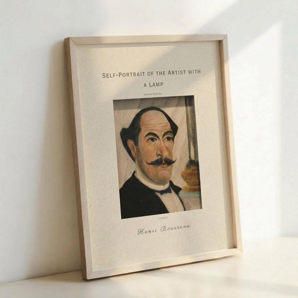 May include: Framed art print of Henri Rousseau's self-portrait showing a man with dark hair, mustache, and formal black suit with white shirt and bow tie, holding a lamp. The vintage-style poster has cream background with elegant typography reading "Self-Portrait of the Artist with a Lamp" and artist signature. Natural wood frame sits propped against white wall on light surface.