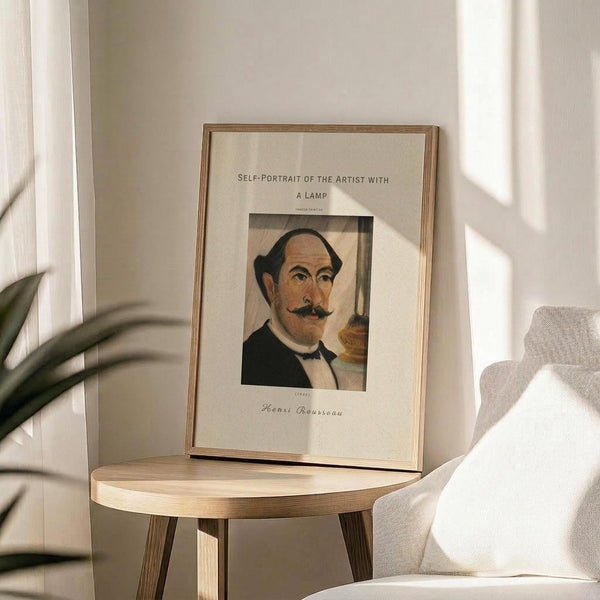 May include: Framed art print of Henri Rousseau's self-portrait showing a man with dark hair, mustache, and formal black suit with bow tie, displayed on a light wood round side table next to a beige upholstered chair. Soft natural light creates shadows across white walls, with a plant visible in the corner. The print features cream matting and thin gold frame.