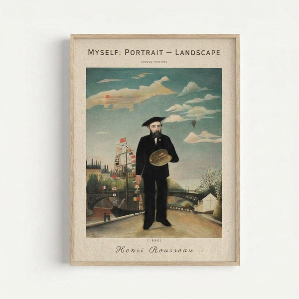 Framed vintage art print showing Henri Rousseau's 1890 self-portrait painting of a bearded man in black suit and beret holding an artist's palette, standing on a bridge with a decorated ship and cloudy sky behind him. The cream-colored mat includes text "Myself: Portrait - Landscape" and "Henri Rousseau (1890)" in elegant typography within a light wood frame against white wall.