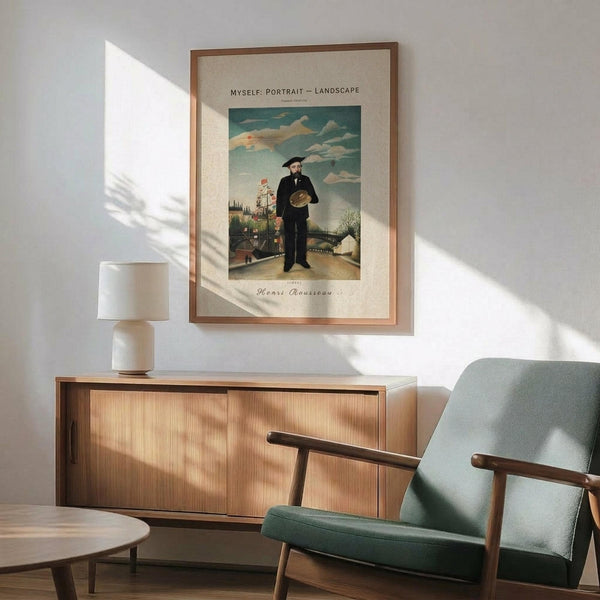 May include: Framed Henri Rousseau self-portrait print hanging on white wall above wood sideboard. Shows bearded man in black suit holding hat, standing in naive art landscape with colorful sky. Sage green mid-century chair and white ceramic lamp visible. Natural sunlight creates diagonal shadows across the minimalist room setting.