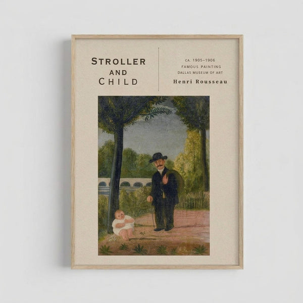May include: Framed museum poster print featuring Henri Rousseau's painting of an elderly man in dark suit and bowler hat standing beside a small child in white dress under leafy trees in a park setting. The vintage-style art print has cream matting in a light wood frame against a white wall, showing naive art painting style with soft greens, earth tones, and gentle brushwork typical of early 1900s Post-Impressionist work.