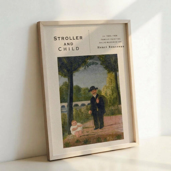 May include: Framed poster print leaning against white wall showing Henri Rousseau's naive-style painting of a man in dark suit and hat standing near a small child in white on a park path, surrounded by lush green trees and foliage. Light wood frame with cream matting displays vintage museum-style text layout above the colorful artwork.