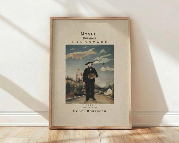 May include: Framed art print featuring Henri Rousseau's 1890 self-portrait showing a bearded man in black suit holding palette, standing before a landscape with buildings, bridge, and cloudy sky. The print has cream background with black text reading "MYSELF PORTRAIT LANDSCAPE" above the image and "1890 FAMOUS PAINTING Henri Rousseau" below. Natural wood frame sits against white wall on light wooden floor with soft shadows.
