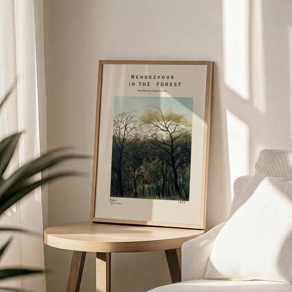 May include: Framed art print featuring a forest landscape with bare trees in muted greens and browns, displayed on a round wooden side table next to a beige upholstered chair. Natural lighting creates soft shadows across cream-colored walls, with a plant leaf visible in the corner of the bright, minimalist room setting.