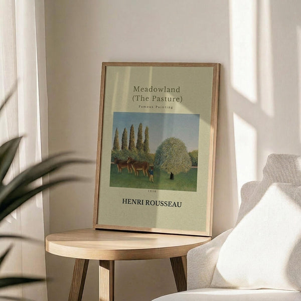 May include: Framed art print of Henri Rousseau's pastoral painting featuring cows grazing in green meadow with tall cypress trees and rounded shrubs under blue sky, displayed on light wood round side table next to beige upholstered chair with plant leaves visible in soft natural lighting