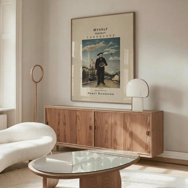 May include: A framed vintage art poster featuring Henri Rousseau's self-portrait showing a bearded man in dark clothing holding a palette, standing before a landscape with ships and buildings. The cream-colored print with black text hangs above a wooden sideboard in a minimalist living room with white curved chair, glass oval coffee table, and modern lamp.