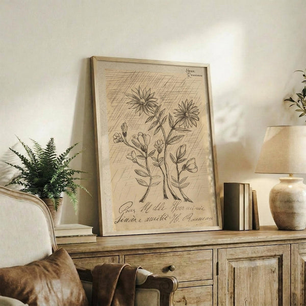 May include: Framed botanical illustration print featuring detailed pen and ink drawings of flowering plants with handwritten French text below, displayed on rustic wooden sideboard alongside fern plant, ceramic vase, and books in warm neutral-toned living room setting with beige upholstered furniture