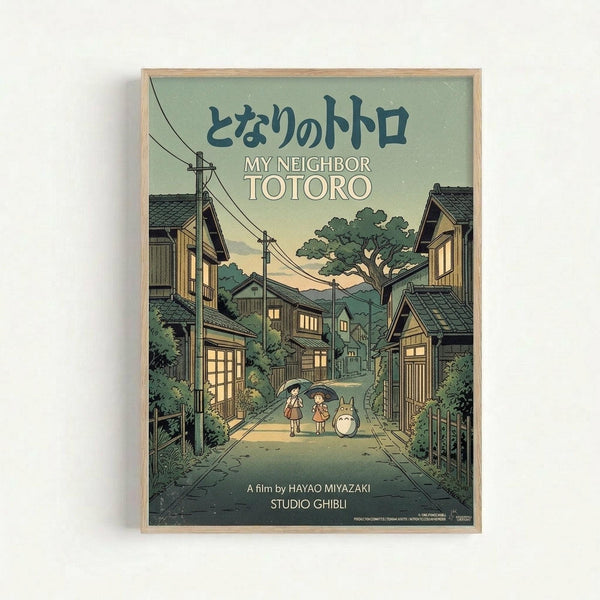 Framed vintage-style poster featuring Studio Ghibli's My Neighbor Totoro with Japanese text at top. Illustration shows two children with umbrellas walking down a traditional Japanese village street at dusk, with Totoro character beside them. Warm green and yellow tones throughout the scene, with traditional wooden houses, power lines, and trees. Light wood frame against white wall background.