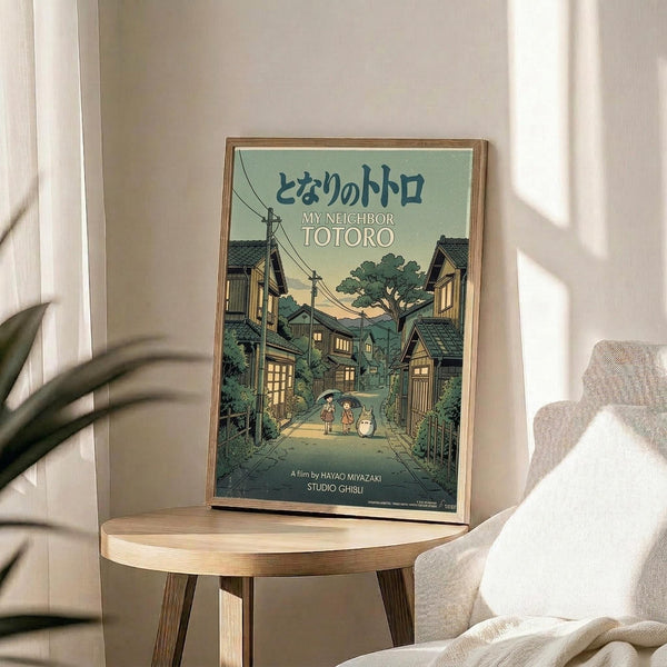 May include: Framed poster featuring an illustrated Japanese village street scene with traditional houses, power lines, and small figures walking with an umbrella. The artwork displays muted green and earth tones in an anime-inspired style. The wooden-framed print sits on a light wood round side table next to a beige upholstered chair and plant, with natural window light casting shadows across white walls.