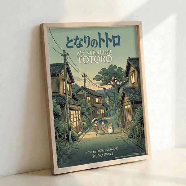 Framed poster showing an illustrated Japanese village scene with traditional houses, power lines, and lush green trees. Two small figures with umbrellas walk down a path alongside a large white creature. The artwork features muted green and brown tones with Japanese text at the top reading "となりのトトロ" and English text "MY NEIGHBOR TOTORO" below. Credits show "A film by HAYAO MIYAZAKI" and "STUDIO GHIBLI" at the bottom. The poster is displayed in a light wooden frame lea