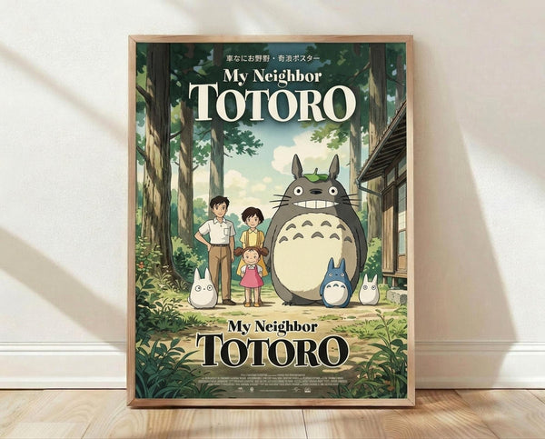 May include: Framed poster of Studio Ghibli's My Neighbor Totoro leaning against white wall on wooden floor. Features large gray Totoro with smaller blue and white Totoro creatures alongside three children in forest setting with traditional Japanese house. Vibrant greens and earth tones in anime art style. Natural wood frame, soft lighting creates gentle shadows on textured white wall surface.