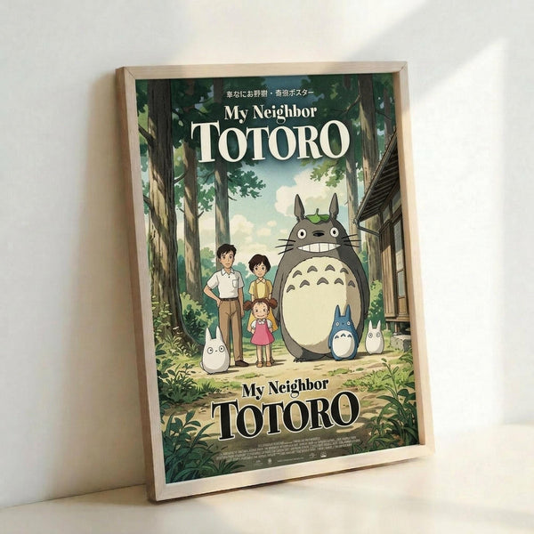 May include: Framed poster print leaning against white wall showing animated forest scene with large gray creature, family of characters, and smaller woodland beings among green trees. Natural wood frame, soft lighting creates gentle shadows on wall surface.