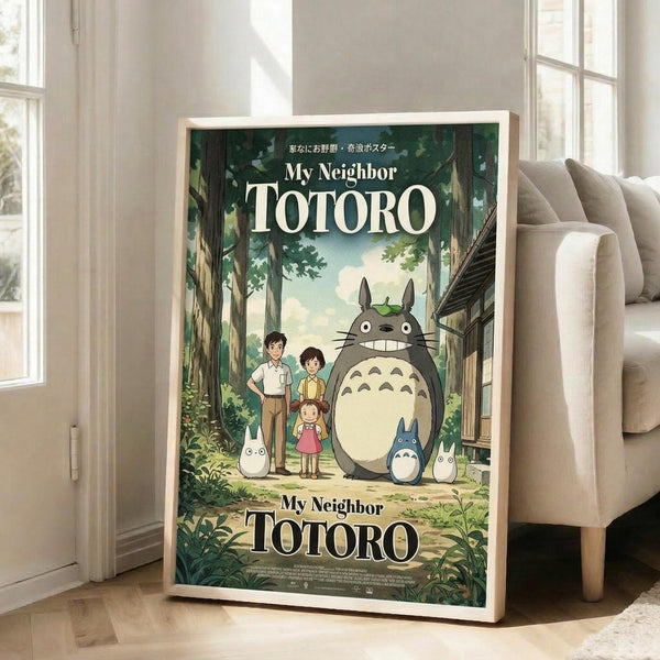 May include: Large framed poster of animated forest scene with large gray creature, three children, and smaller woodland beings among green trees and wooden structures. White or light wood frame leans against beige wall near cream-colored armchair in bright living room with white trim and windows.