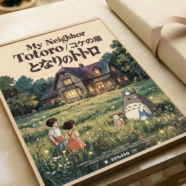 Vintage-style poster featuring the iconic characters from Studio Ghibli's animated film, with large gray forest spirit Totoro sitting in a lush green meadow dotted with wildflowers and fireflies. Two children in simple clothing stand nearby, while a traditional Japanese house with warm glowing windows sits among tall trees in the background. The artwork displays soft, nostalgic colors with Japanese and English text at the top. The poster lies flat on white paper with neutral fabric visible in th