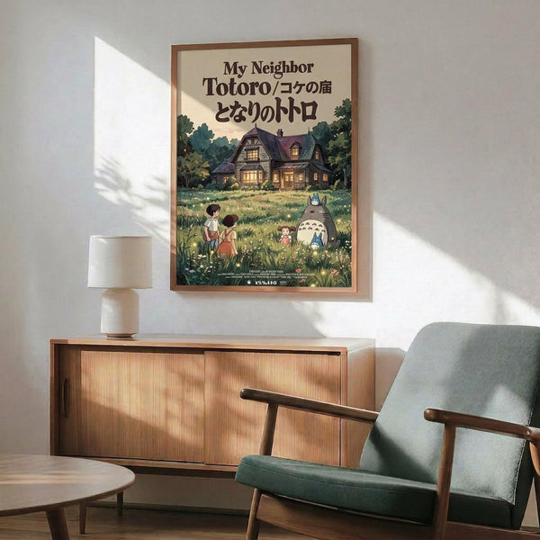 May include: Framed My Neighbor Totoro poster displayed above a wooden sideboard in a mid-century modern living room. The artwork shows children and Totoro character in a meadow with a house in the background, featuring Japanese text. Room includes mint green upholstered chair with wooden arms, small round coffee table, and white ceramic lamp casting natural shadows on white walls.