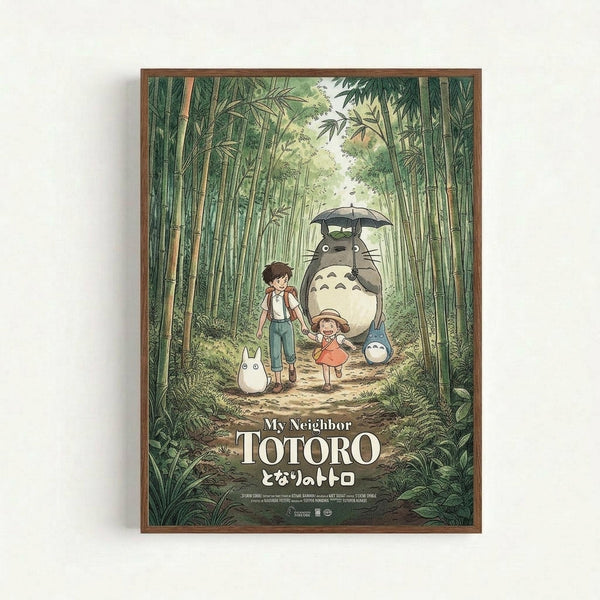 Framed poster featuring characters from My Neighbor Totoro walking through a lush green bamboo forest. The large gray Totoro holds a black umbrella while two children and smaller white spirits accompany him on a dirt path. The artwork displays soft, muted colors with detailed foliage and dappled sunlight filtering through the bamboo canopy. Japanese text appears below the English title at the bottom of the print, housed in a simple brown wooden frame against a white wall.