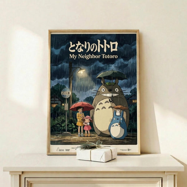 May include: Framed My Neighbor Totoro movie poster displayed on light wooden shelf against white wall. Shows iconic rainy bus stop scene with large gray Totoro holding umbrella, two children with red umbrellas, and smaller blue Totoro. Japanese text above English title. Small wrapped gift box sits in front of frame. Natural lighting creates soft shadows on minimalist setting.